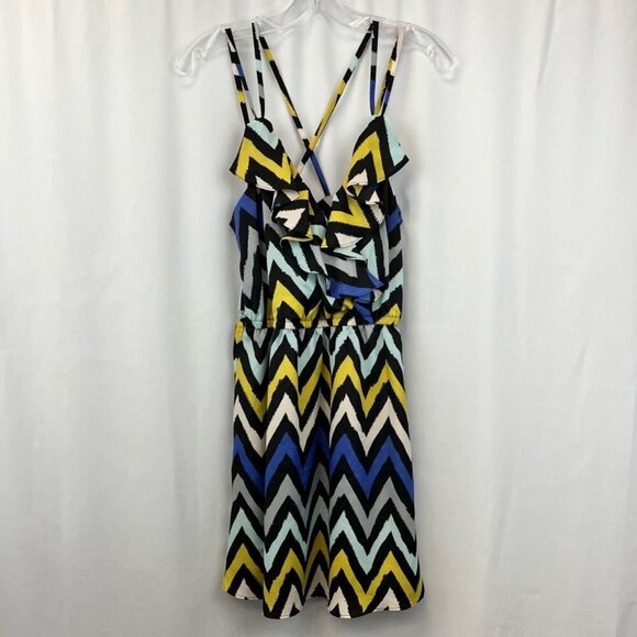 Bcbgeneration Womens A Line Dress Blue Yellow Chevron V Neck Sleeveless Ruffle S - Picture 1 of 11